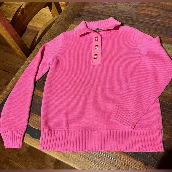 Lauren Ralph Lauren Collared Pink Knit Sweater with Gold Clasp Closure NWOT - Picture 3 of 13